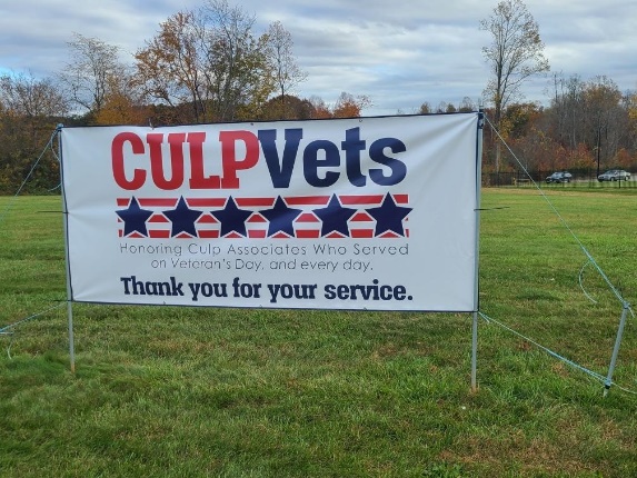 Banner outside Culp Home Fashions manufacturing facility in Stokesdale, NC.